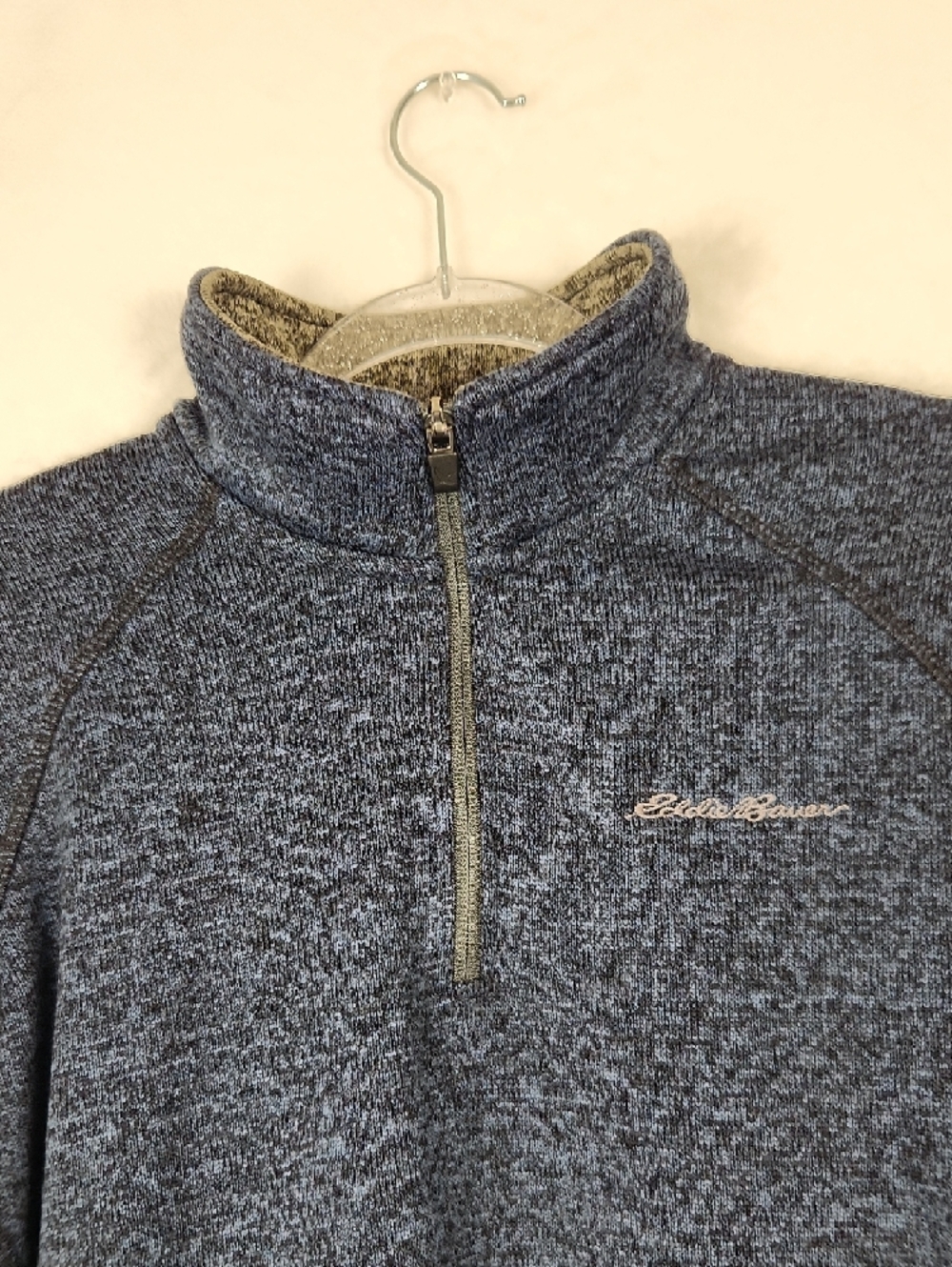 Eddie Bauer Men's L Quarter Zip Pullover Heather Navy Blue with Gray Collar - Picture 8 of 16